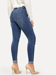 仿舊緊身牛仔褲 - 藏蓝色 - 查看 2