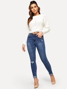 仿舊緊身牛仔褲 - 藏蓝色 - 查看 4