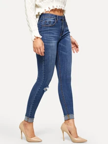 仿舊緊身牛仔褲 - 藏蓝色 - 查看 1