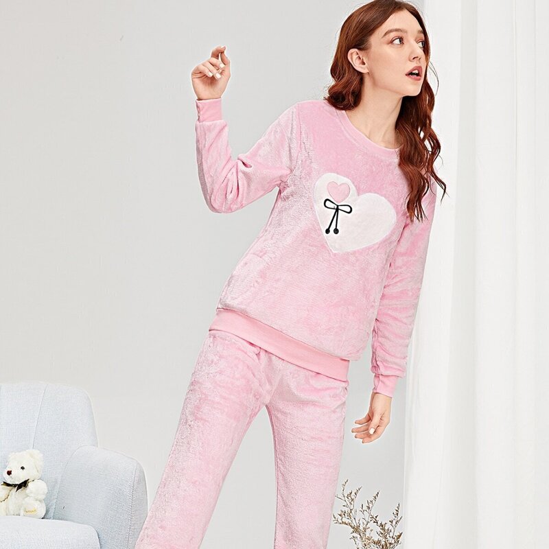

Heart Embroidered Plush Pajama Set, Pink