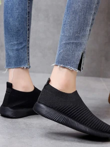 女士套穿式針織運動鞋，柔軟舒適運動鞋 - 黑色 - 查看 3