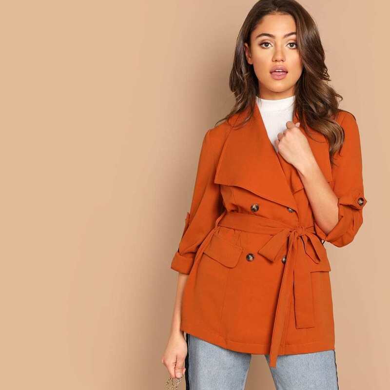 

Roll Up Sleeve Double Breasted Coat With Belt, Orange
