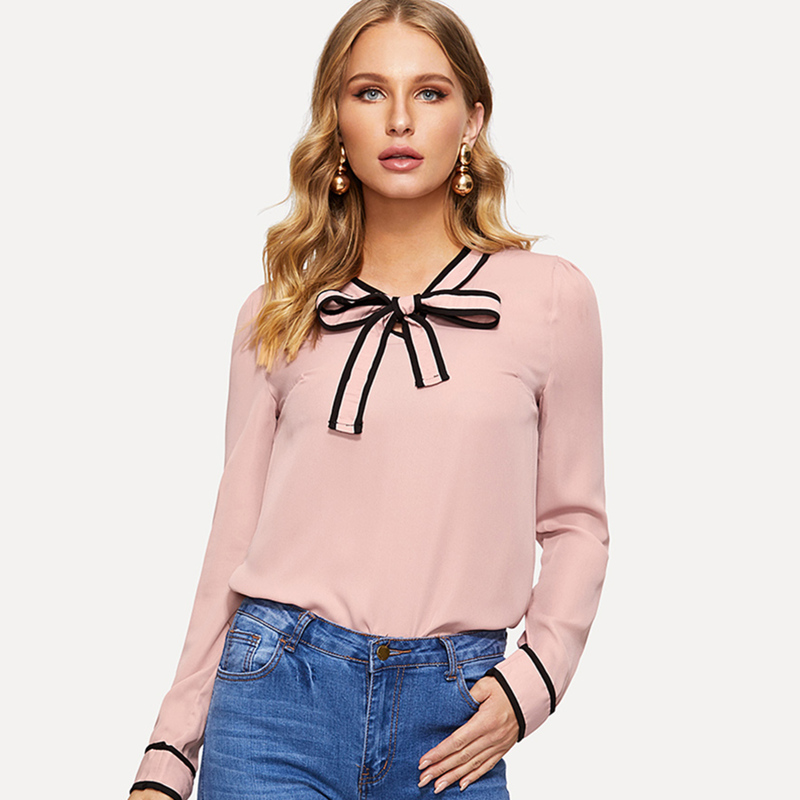 

Tie Neck Contrast Binding Top, Pink