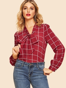 Tie Neck Grid Blouse