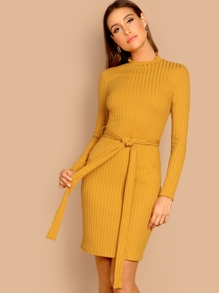 Waist Belted Mock-Neck Ribbed Knit Dress