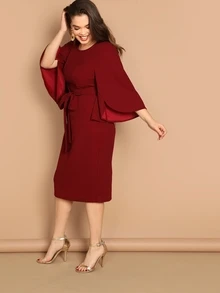 SHEIN 大碼飛袖袖子繫帶腰包臀連衣裙 - 酒紅色 - 查看 3