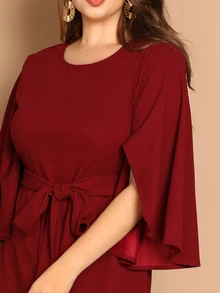 SHEIN 大碼飛袖袖子繫帶腰包臀連衣裙 - 酒紅色 - 查看 4