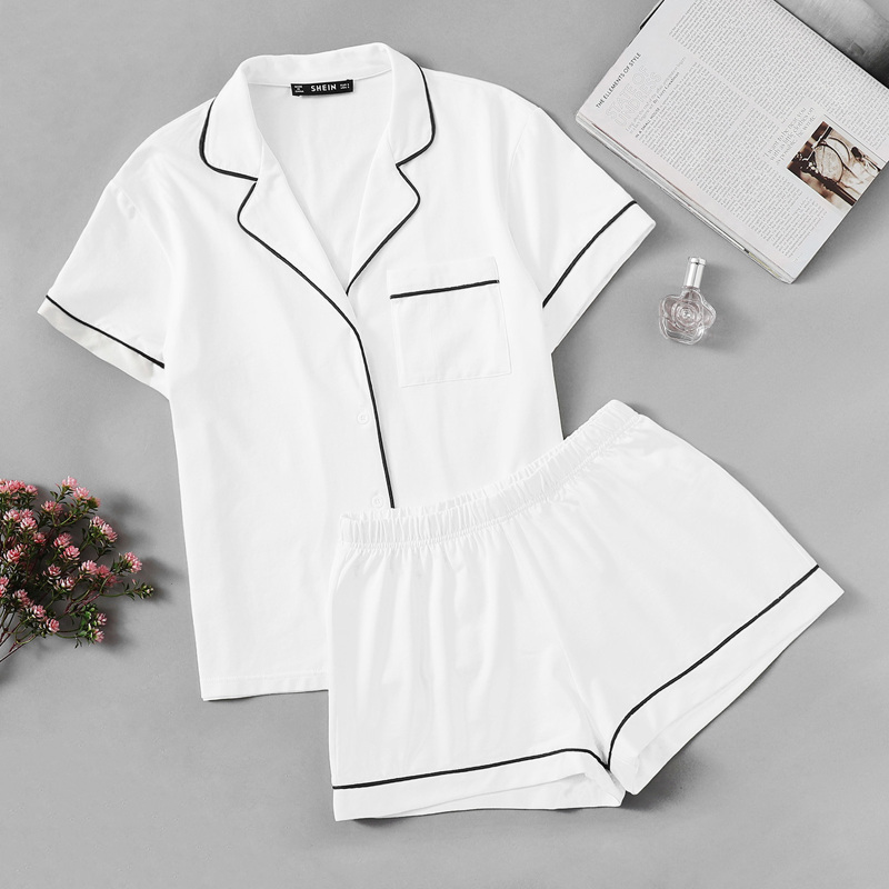 

Contrast Piping Pocket Front Shirt & Shorts Pj Set, White
