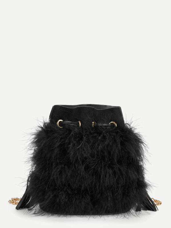 Feather And Tassel Detail Drawstring Crossbody Bag Feather And Tassel Detail Drawstring Crossbody Bag