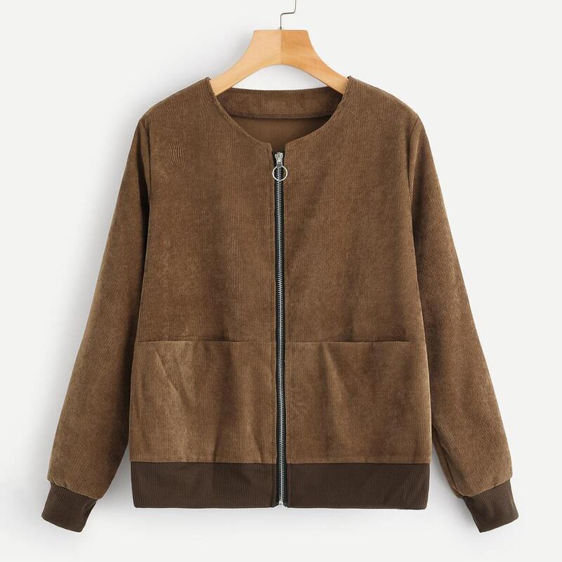

Zip & Pocket Front V-Neck Jacket, Brown