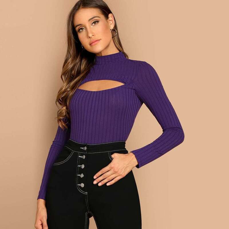 

Open Front Mock Neck Crop Tee, Purple