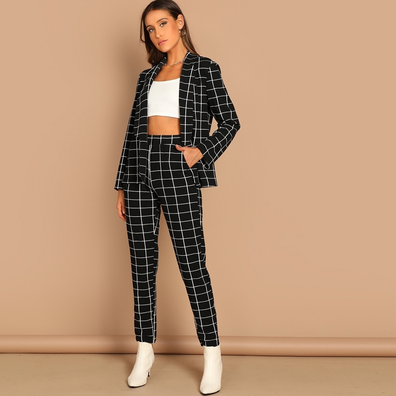 

Grid Print Blazer & Straight Leg Pants Set, Black