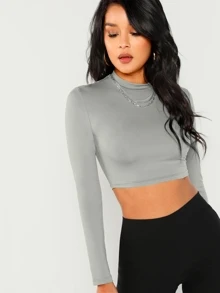 SHEIN Mock Neck Long Sleeve Crop Top - Grey - View 1