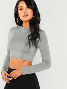 SHEIN Mock Neck Long Sleeve Crop Top - Grey - View 3