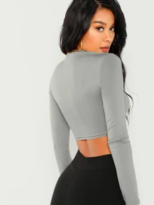 SHEIN Mock Neck Long Sleeve Crop Top - Grey - View 2