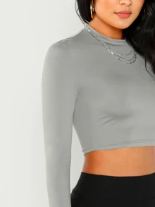 SHEIN Mock Neck Long Sleeve Crop Top - Grey - View 4