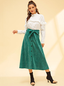 Bow Tie Waist Button Up Corduroy Skirt