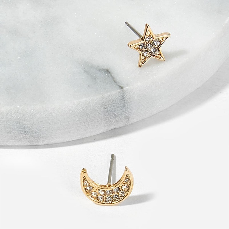 

Moon & Star Mismatched Stud Earrings 1pair, Gold