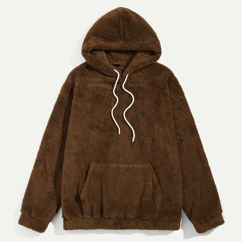 Guys Pocket Patched Drawstring Teddy Hoodie, Brown
