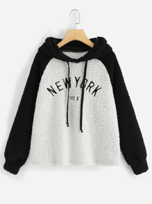 Raglan Sleeve Letter Teddy Drawstring Hoodie