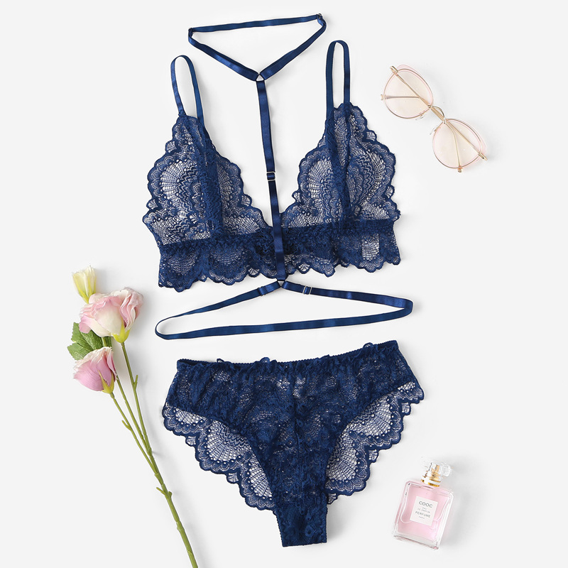 

Scalloped Trim Lace Lingerie Set, Navy blue