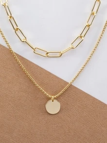Chain Link Double Layer Circle Pendant Necklace - Yellow Gold - View 1