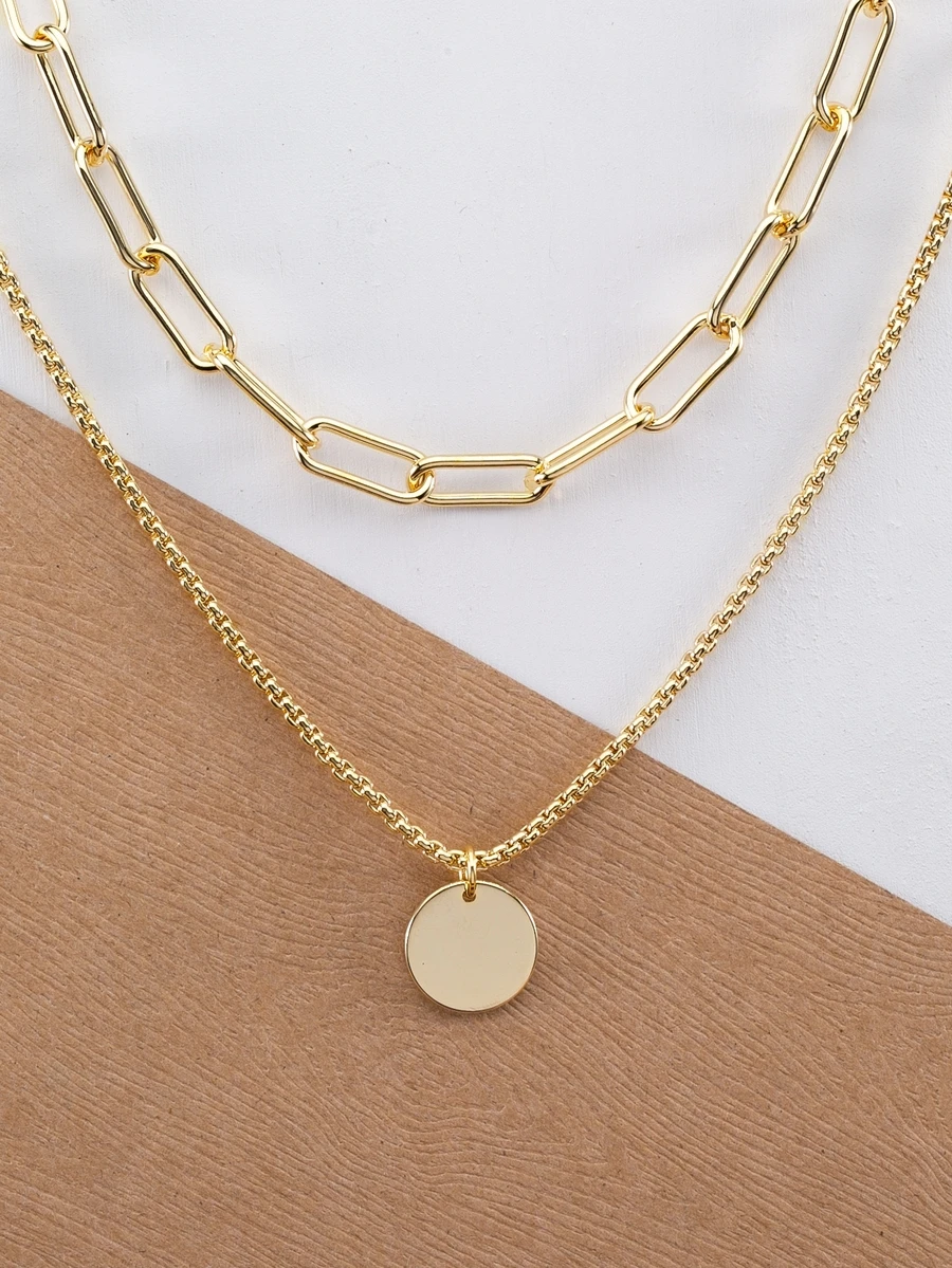 Chain Link Double Layer Circle Pendant Necklace - Yellow Gold - View 1