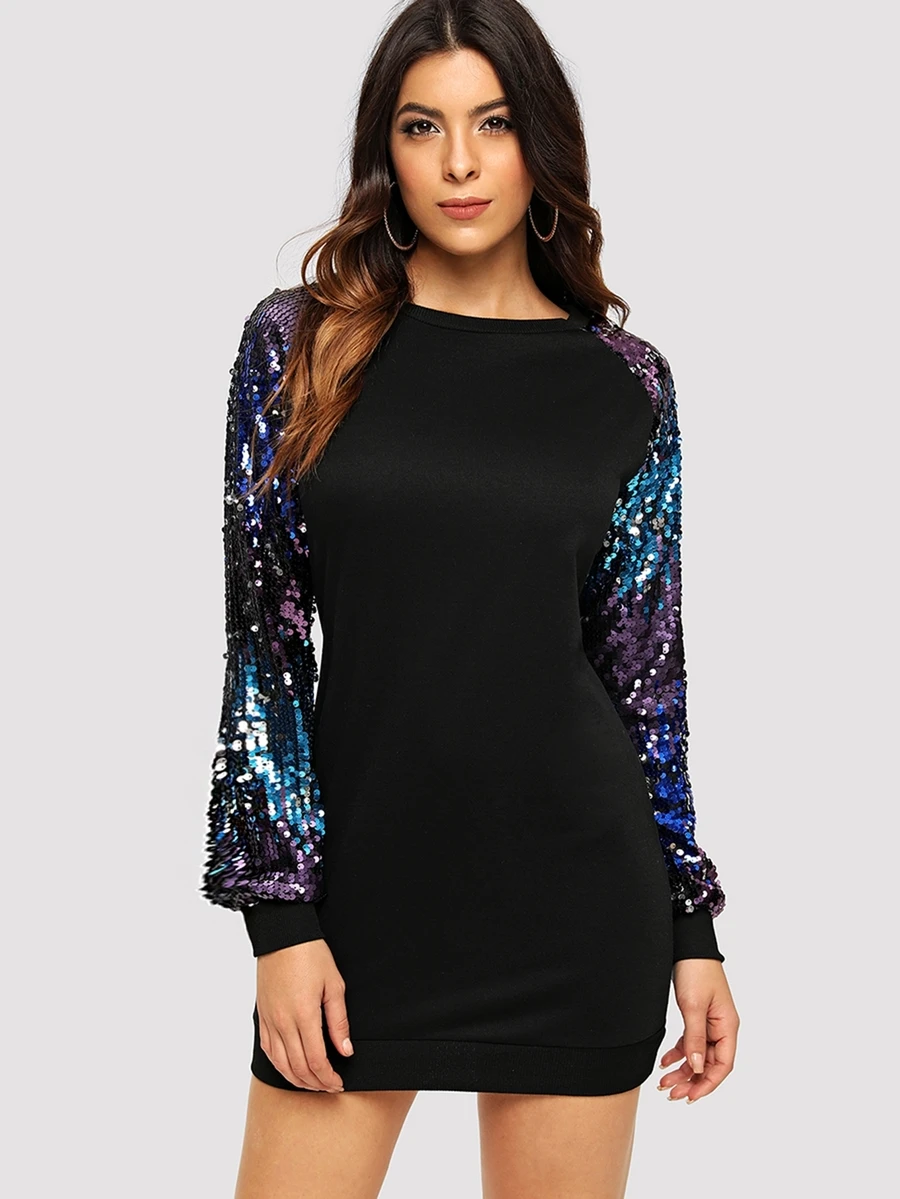 Raglan Sequin Sleeve Sweatshirt Dress - Black - View 1