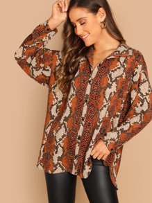 Oversized Curved Hem Snakeskin Blouse