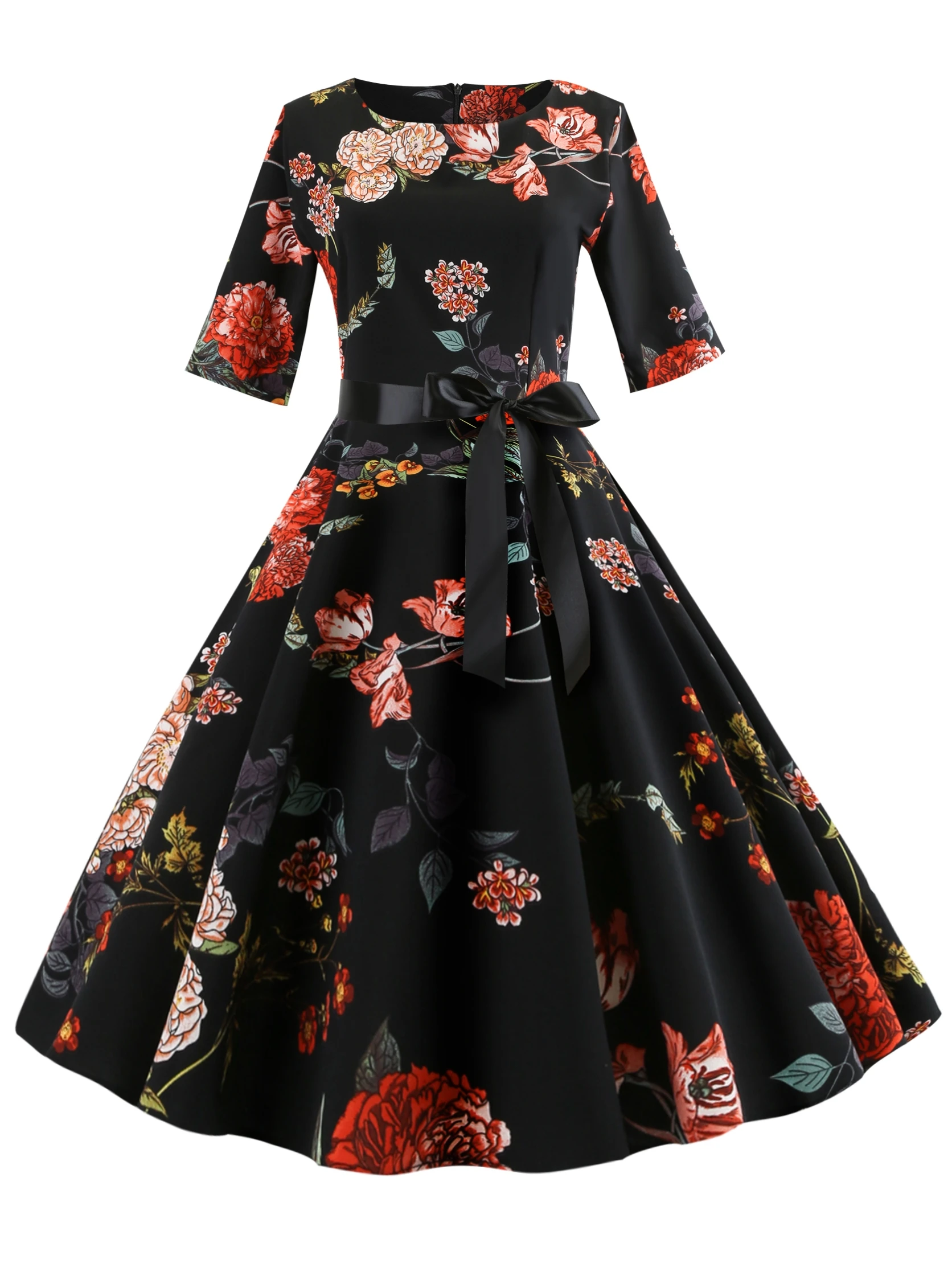 50s ribbon tie floral print flared dress Clearance