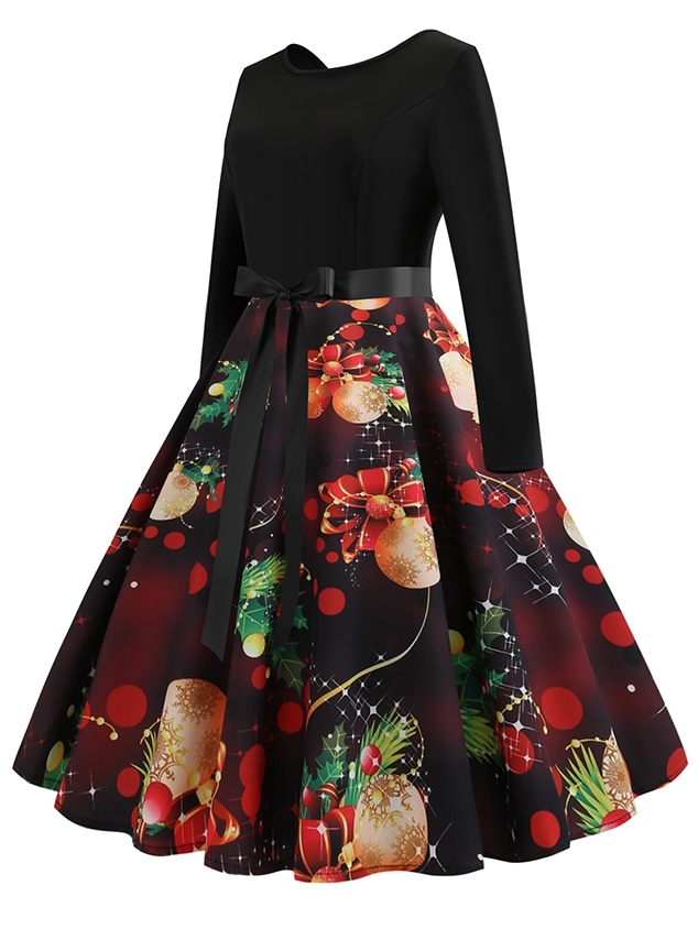 50s Knot Christmas Print Flare Dress - Black - View 3