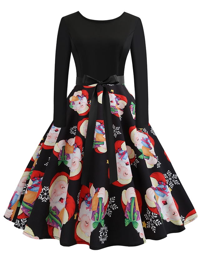 50s Self Tie Christmas Print Flare Dress thumbnail