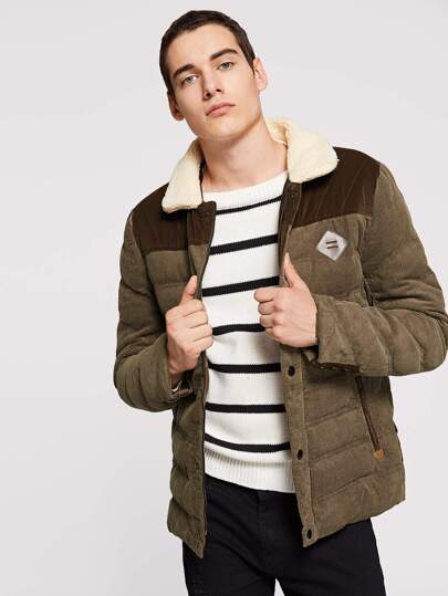Men Button Detail Corduroy Puffer Coat With Borg Collar