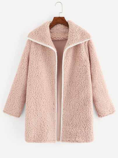 Contrast Trim Waterfall Teddy Coat