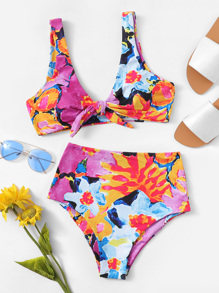 Random Floral Top With High Waist Bikini Set