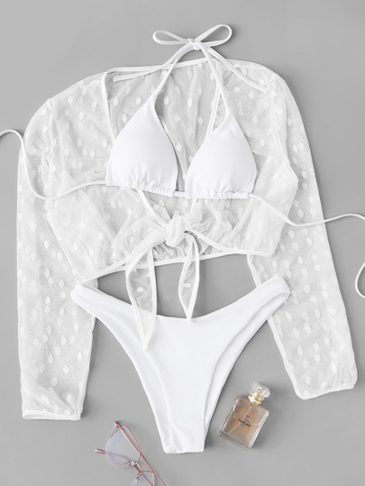 3 piezas bañador bikini triángulo con malla jacquard