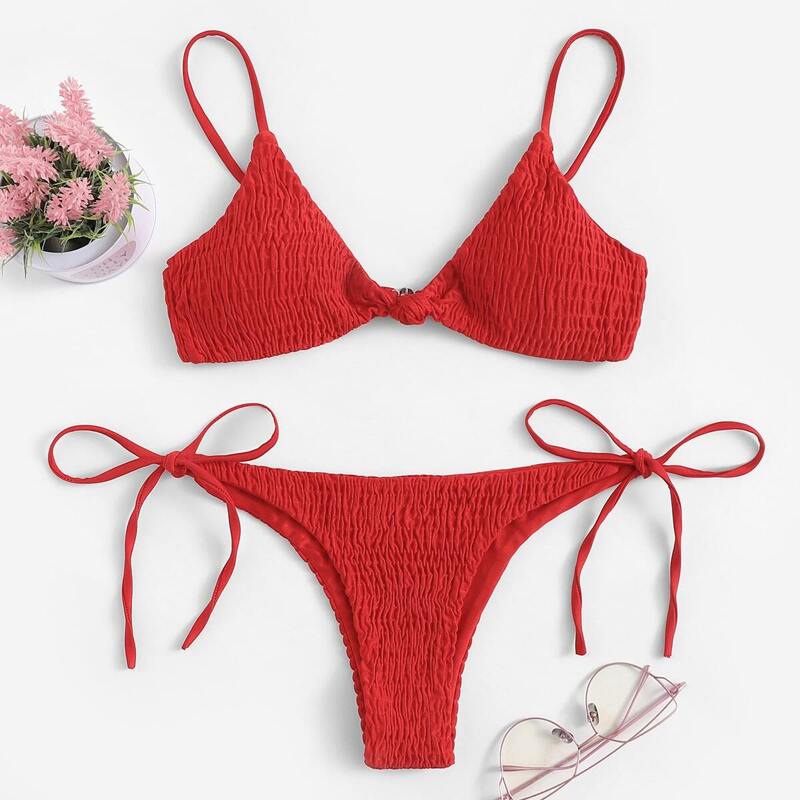 

Shirred Top With Tie Side Bikini Set, Red