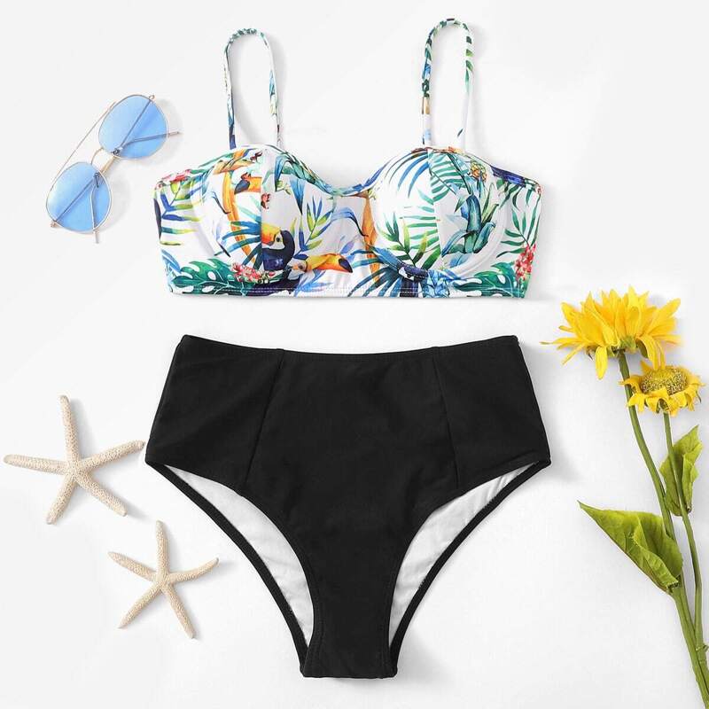 

Random Tropical Underwire With High Waist Bikini Set, Multicolor
