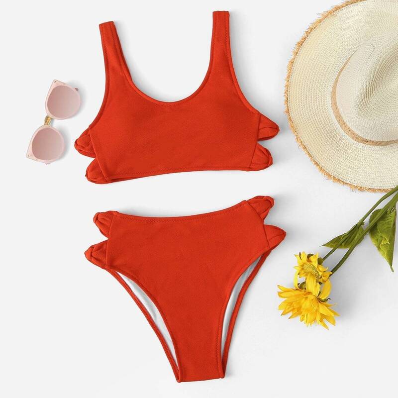 

Cut-out Scoop Neck Top With High Leg Bikini, Orange