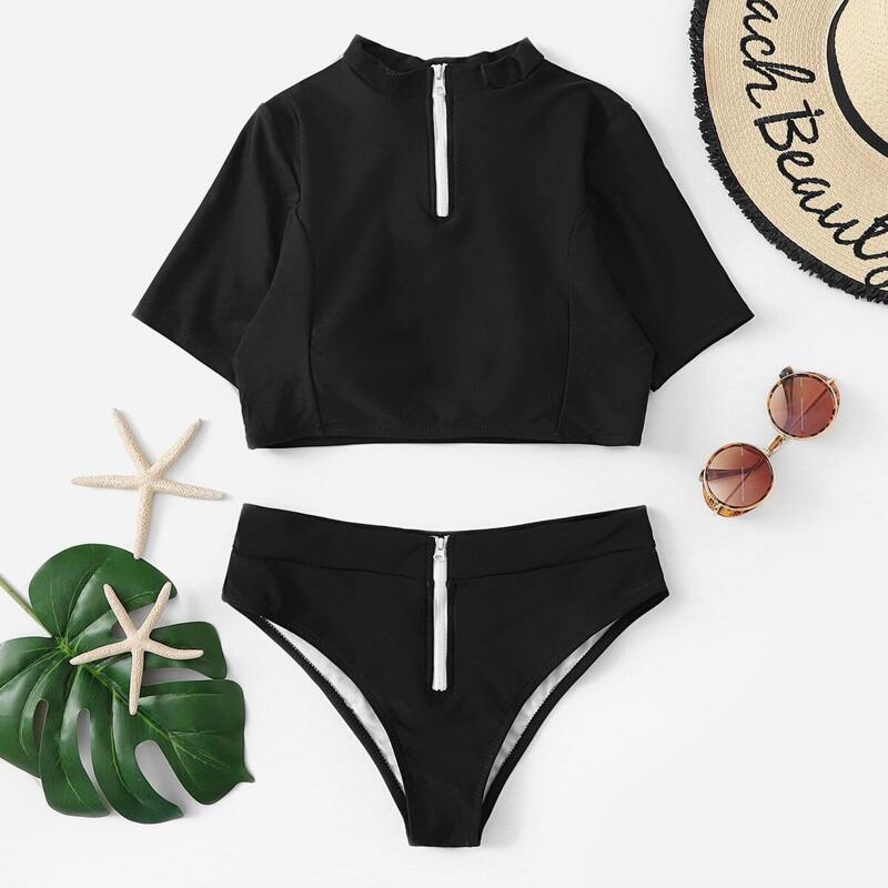 

Short Sleeve Stand Neck Top With Zipper Tankini, Black