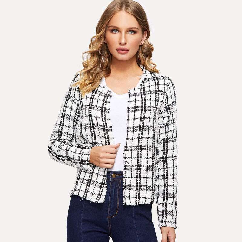 

Open Front Plaid Coat, Black and white