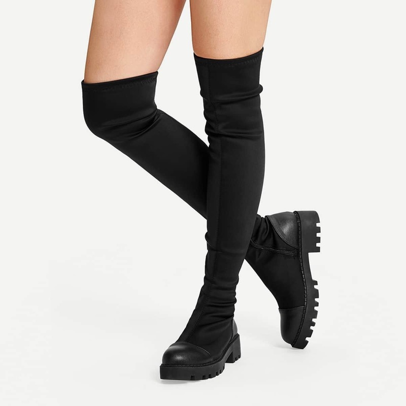 

Plain Thigh High Cap Toe Boots, Black