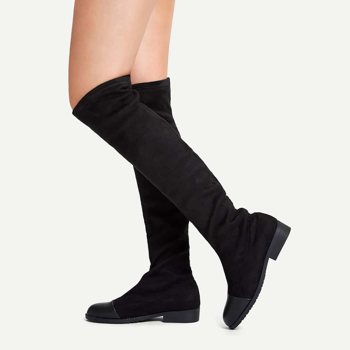 

Plain Cap Toe Knee High Boots, Black