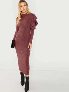 One Side Ruffle Open Shoulder Marled Knit Dress