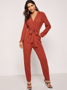 Notch Collar Surplice Wrap Belted Jumpsuit