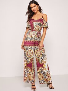 Waist Belted Scarf Print Cami Jumpsuit