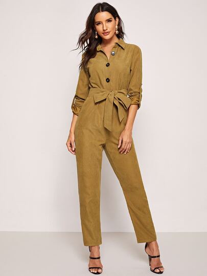 Button Front Waist Belted Collar Jumpsuit pictures