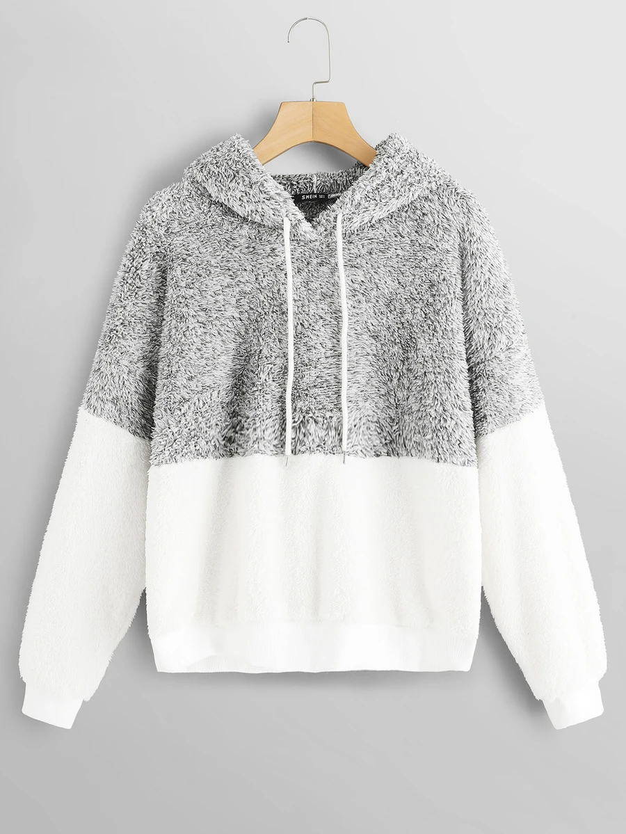 SHEIN Color Block Teddy Hoodie - Multicolor - View 1