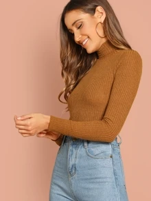 SHEIN Turtle Neck Rib Knit Solid Top