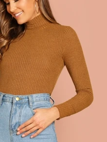 SHEIN Turtle Neck Rib Knit Solid Top
